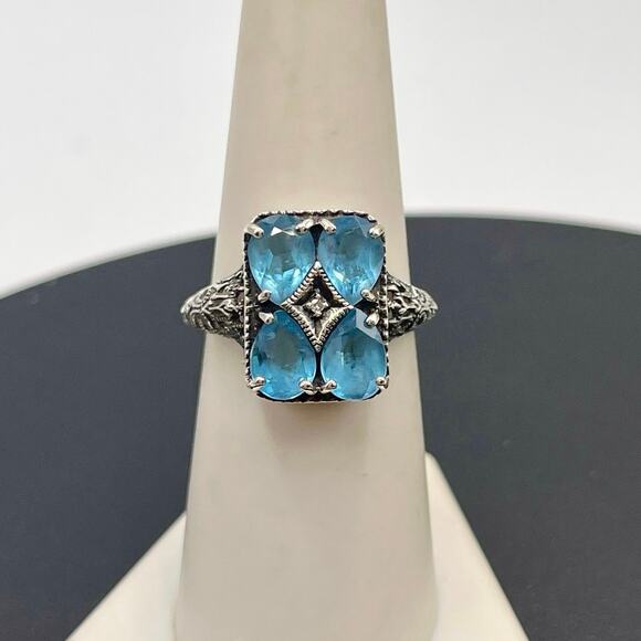 CNA Victorian Revival 925 SS Blue Topaz and Diamond Filigree Ring, US Sz 7.5 - Picture 1 of 10